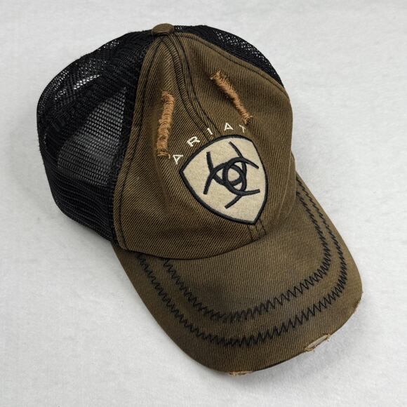 Ariat Hat Cap Strap Back Brown Black Mesh Trucker Distressed Patch Mens One Size - Picture 1 of 7